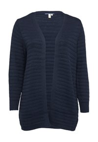 Gilet ouvert bleu marine avec un motif de tricot côtelé texturé, des manches longues et des fentes sur les côtés pour faciliter le mouvement.
