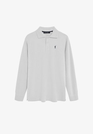 Langärmliges Polohemd in Hellgrau, aus weichem Stoff. Verfügt über einen Kragen, eine Dreiknopf-Leiste und ein kleines Logo in Marineblau auf der Brust.