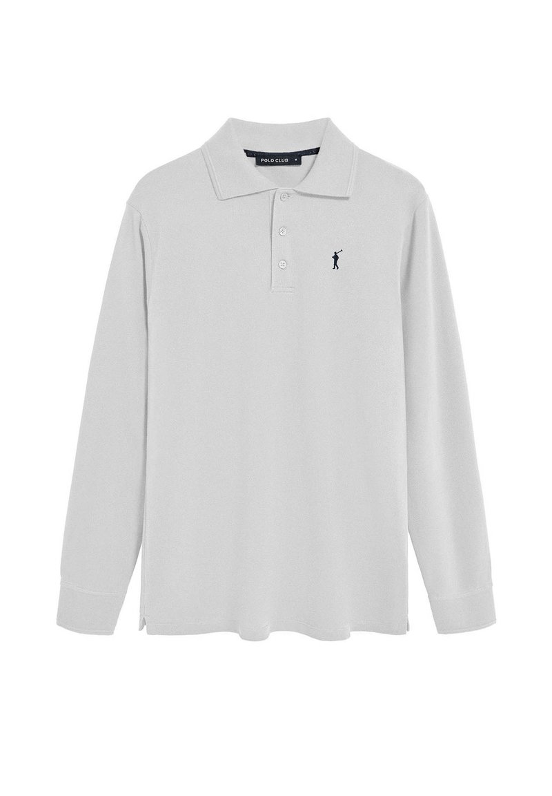 Långärmad polo skjorta i ljusgrått, tillverkad av mjukt tyg. Har en krage, treknapps placket och en liten marinblå logotyp på bröstet.