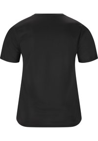 Sort t-shirt med korte ærmer og runde halsudskæring, lavet af glat stof, med en enkel, afslappet pasform og uden synlige designelementer.