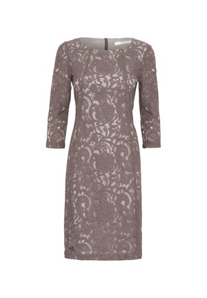 Krajková šaty v tlumené mauve s tříčtvrtečními rukávy, květinovým vzorem, lodní výstřihem a zadním zipem. Hladká, texturovaná látka.