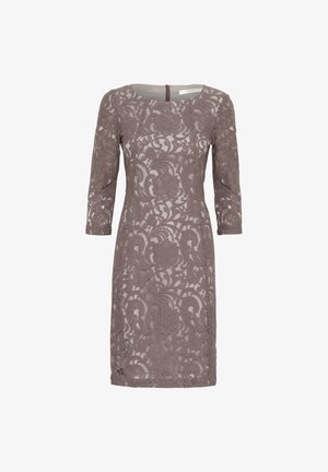Čipkasta haljina u prigušenom mauve tonu s rukavima do tri četvrtine, cvjetnim uzorkom, izrezom na brod i zatvaranjem na zip na leđima. Glatka, teksturirana tkanina.