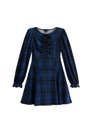 Robe à carreaux bleus avec de longues manches bouffantes, un col rond et un détail de nœud à l'avant. Tissu texturé avec des accents noir et blanc.