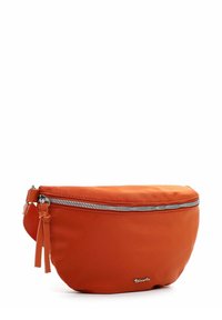 Orange nylon crossbody bag with a rounded shape, zippered closure, and decorative side tassel. Silver hardware accents the design.