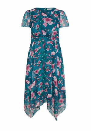 Türkisfarbenes Midikleid mit pinkem Blumenmuster, kurzen transparenten Ärmeln, tailliertem Schnitt und asymmetrischem Saum.