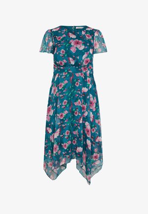 Turquoise midi-jurk met roze bloemenprint, korte doorschijnende mouwen, getailleerde taille en asymmetrische zoom.