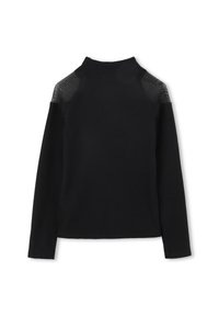 Czarny top z długim rękawem, z wysokim kołnierzem, o prążkowanej fakturze i przezroczystych siateczkowych wstawkach na ramionach. Prosty, dopasowany krój.