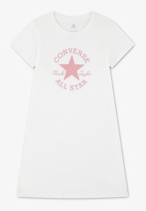 Robe blanche à manches courtes avec logo rose Converse All Star et motif étoile centré sur la poitrine.