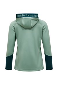 Lichtgroene gewatteerde jas met capuchon, donkergroene mouwboorden en de tekst "Peak Performance" langs de rand van de capuchon, gezien van achteren.