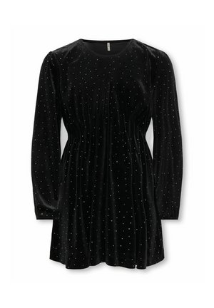 Robe longue à manches longues en velours noir avec petits pois blancs, col rond et taille légèrement froncée pour une silhouette ajustée.