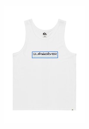 Top blanco de tirantes con escote redondo y amplias sisas. La parte delantera presenta un gráfico rectangular con "Quiksilver" en negro y azul.