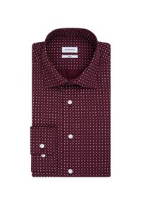 Burgundská košile s vzorem a slim fit střihem, má rozšířený límec, bílé knoflíky a malé, složité bílé motivy po celém povrchu.