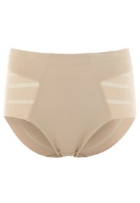 Beige seamless high-waisted underwear with side mesh panels and a smooth finish, featuring a curved shape and elastic waistband.