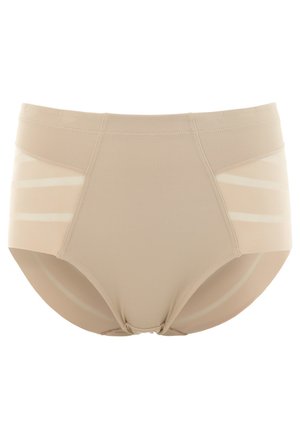Beige naadloze hooggerote onderbroek met zijpanelen van gaas en een gladde afwerking, met een gebogen vorm en elastische tailleband.