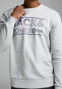 Felpa grigia con colletto a girocollo, polsini e orlo a coste, con una stampa grafica prominente che riporta "BLACK & JONES" in viola scuro.