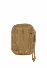 Liten tan nylonpung med glidelås, har Molle-webbing, to trykknapper og en teksturert overflate for bedre grep.
