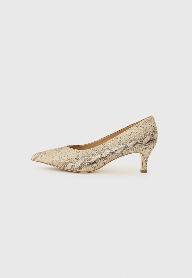 Beige tekokäärmeennahkakengät, joissa on kärjellinen muoto ja hoikka, keskikorkea korko. Kenkä on varustettu teksturoidulla pinnalla, jossa on hienovarainen kuvio.