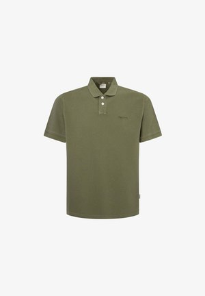 Oliivroheline polo-särk, mis on valmistatud pehmest puuvillast materjalist; sisaldab krae, kolme nupuga pandlat ja väikest logo rindkeres.