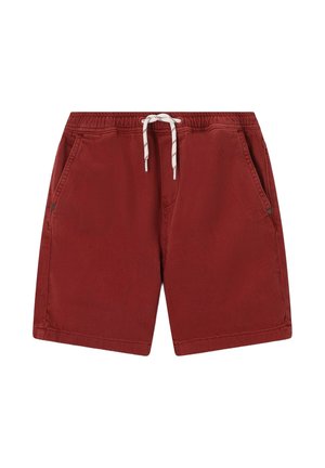 Shorts décontractés rouges avec taille élastique, cordon blanc, poches latérales et détails de rivets métalliques sur fond blanc.