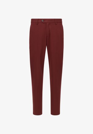 Bordeauxkleurige broek van gladde stof, aansluitende pasvorm, met knoopsluiting, riemlussen en rechte benen voor een nette silhoët.
