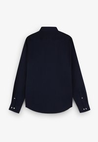 Cămașă albastră închis cu mânecă lungă, cu guler clasic, mansete cu nasturi și textură fină, având spatele simplu și fără modele vizibile.
