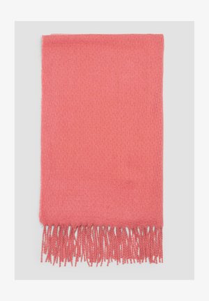 Korallenfarbener Schal aus weichem Stoff mit strukturiertem Muster, versehen mit franjierten Kanten für zusätzlichen Detailreichtum.