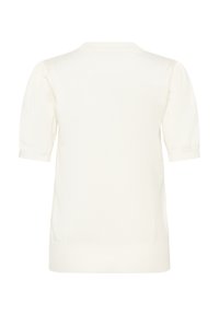 White knitted short-sleeve sweater with a round neckline and ribbed cuffs and hem. Smooth texture with a simple design and no additional patterns.