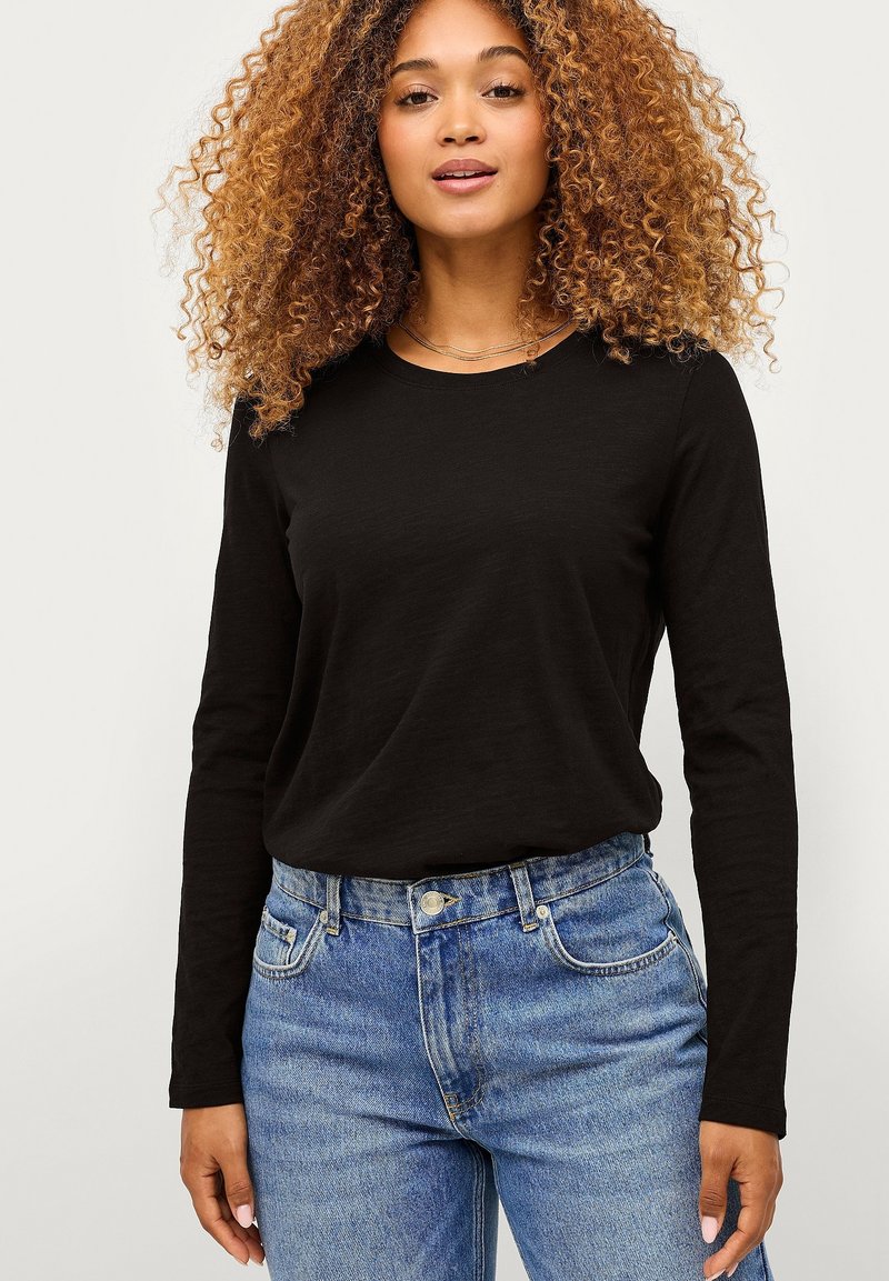 Zwarte lange mouwen t-shirt met een ronde hals, gecombineerd met lichtblauwe high-waisted denim jeans met voorzakken en een knoopsluiting.