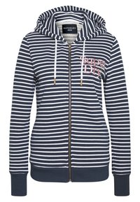 Hoodie a righe blu navy e bianche con zip frontale, cordini e logo. Presenta maniche e fondo a costine realizzati in morbido materiale di cotone.