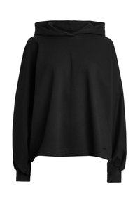 Sudadera negra con capucha, mangas amplias, tejido suave, corte relajado y un pequeño detalle de logo en la parte inferior izquierda.