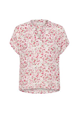 Lillelilledest pluus V-kaelusega, lühikeste varrukatega ja valge taustaga. Koosneb roosa ja rohelise lillemustriga. Kerge kangas.