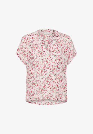 Lillelilledest pluus V-kaelusega, lühikeste varrukatega ja valge taustaga. Koosneb roosa ja rohelise lillemustriga. Kerge kangas.