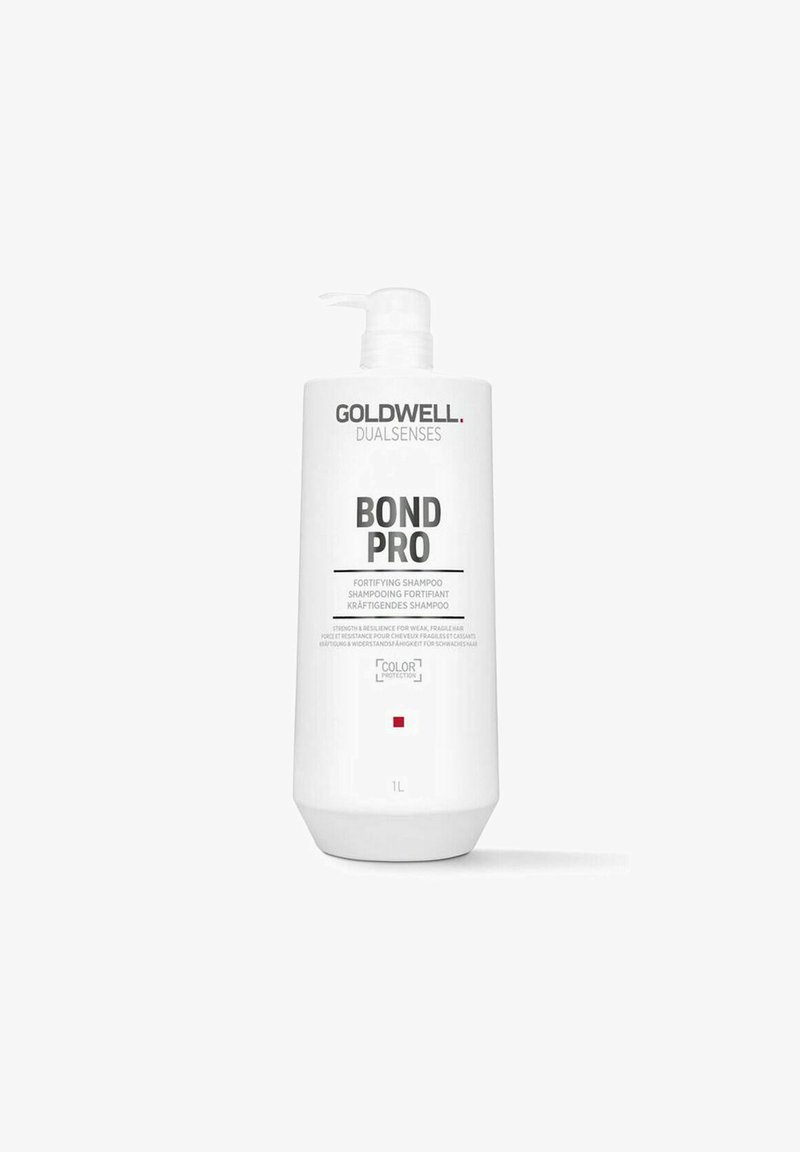 White cylindrical bottle of Goldwell Dualsenses Bond Pro shampoo, labeled in black and red, with a pump top. Holds 1 liter.