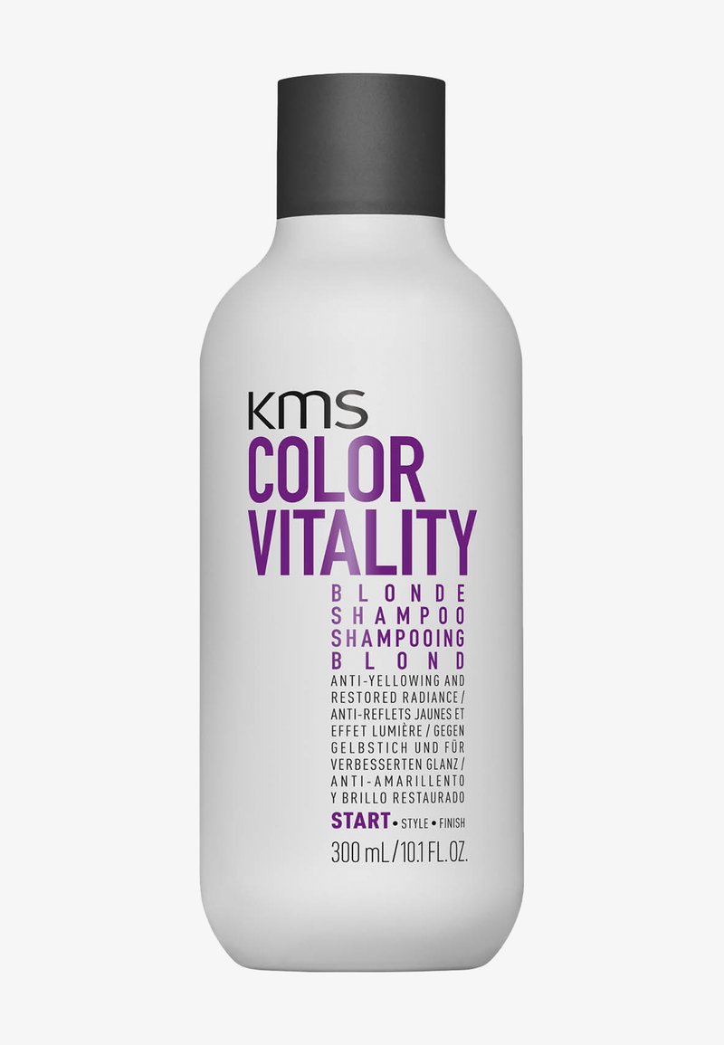 Flasche KMS Color Vitality Blonde Shampoo, Anti-Gelb-Formel für wiederhergestellten Glanz, 300 ml/10,1 fl oz mit schwarzem Verschluss.