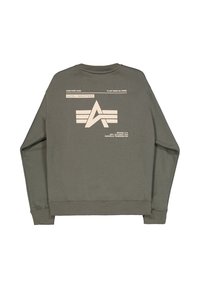 Sudadera de algodón verde olivo con un logo gráfico beige en la parte posterior, que incluye texto y un diseño estilizado de la "A". Mangas largas y puños acanalados.