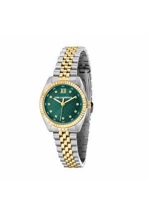 Tofarvet sølv- og guldkolbekarl Lagerfeld-ur med grøn urskive, diamant-timemarkører, romertal XII og armbånd af metalled.