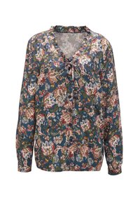Blusa floreale in un tessuto blu scuro, con collo arricciato, maniche lunghe e un dettaglio con fiocco nella parte anteriore. Motivi floreali colorati in tutto.