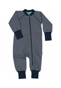 Marinblå och krämfärgad randig babysuits med långa ärmar, dragkedja fram, ribbade ärmslut och en snug passform. Tillverkad av mjukt, elastiskt tyg.