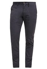 Pantalon gris foncé pour homme, coupe slim, avec passants de ceinture, fermeture par bouton et poches latérales, présenté sur un fond blanc.