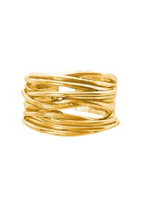 Goldfarbener Ring mit gewelltem Design, der mehrere ineinander verschlungene Bänder und eine polierte Oberfläche aufweist, die eine strukturierte Erscheinung erzeugt.