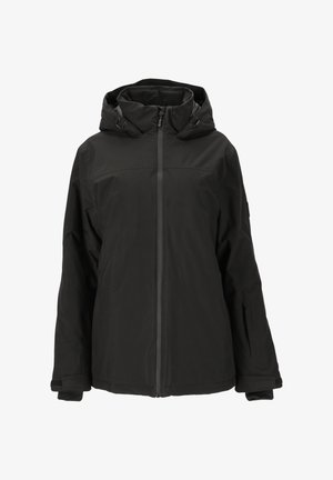 Sort vandtæt jakke med høj krave, justerbar hætte, lynlås-lukning og elastiske manchetter. Glat tekstur med minimale detaljer.