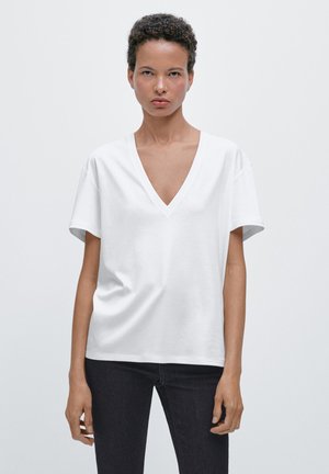 Massimo Dutti FLOWING V-NECK WITH SHORT SLEEVES - T-Shirt basic - white