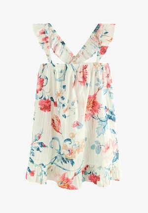 Haljina s cvjetnim uzorkom s volanima na V-izrezu i naramenicama. Izrađena od lagane tkanine, s ružičastim, koraljnim i plavim cvjetovima na krem pozadini.