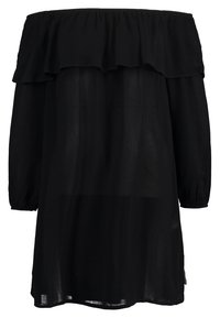 Schwarzes Off-Shoulder-Kleid mit rüschigem Ausschnitt, langen Ärmeln und einem durchsichtigen, leichten Stoff.