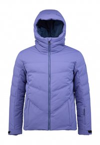 Fioletowa kurtka ocieplana z wysokim kołnierzem i kapturem, z zamkiem błyskawicznym z przodu oraz ukośnymi wzorami przeszyć. Wykonana z lekkiego, izolowanego materiału.