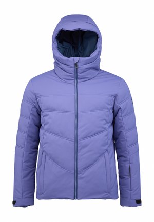 Giacca imbottita viola con colletto alto e cappuccio, dotata di zip frontale e modelli di cucitura diagonale. Realizzata in materiale leggero e isolante.