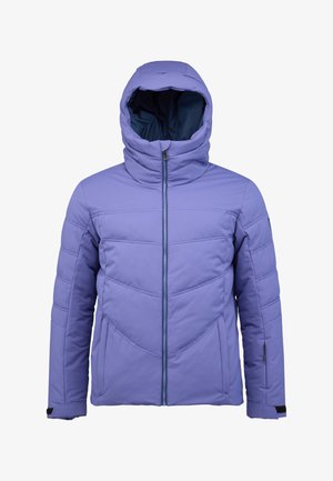 Paarse gewatteerde jas met een hoge kraag en capuchon, voorzien van een ritssluiting aan de voorkant en diagonale stiksels. Gemaakt van lichtgewicht, geïsoleerd materiaal.