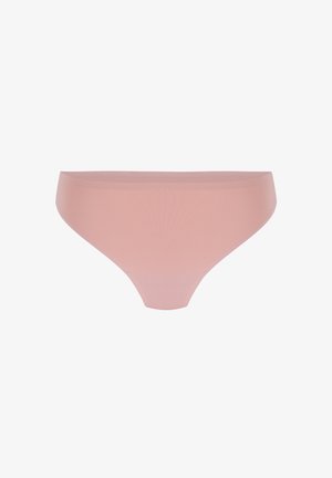 Pink thong made of smooth fabric with a minimalistic design. Features soft edges and a seamless finish, offering a lightweight appearance.