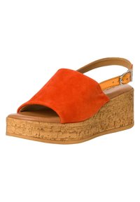 Oranges Wildlederslingback-Wedgesandale mit offener Zehe und Korkstrukturiertem Plateau. Verstellbarer Schnallenriemen am Knöchel für eine perfekte Passform.