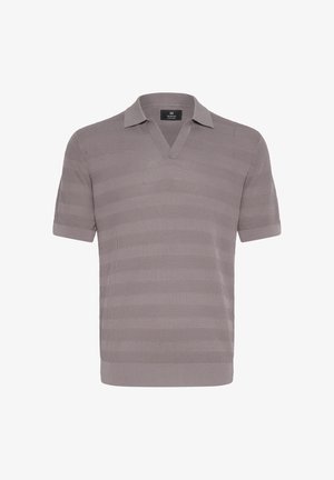 Pilkos spalvos trumpomis rankovėmis polo marškiniai su V formos kaklu, puošti tekstūruotomis juostelėmis ir apykakle. Pagaminti iš megztos medžiagos, švelnūs ir pralaidūs orui.